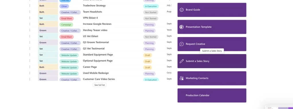 Upcoming projects and quick access in the hub.